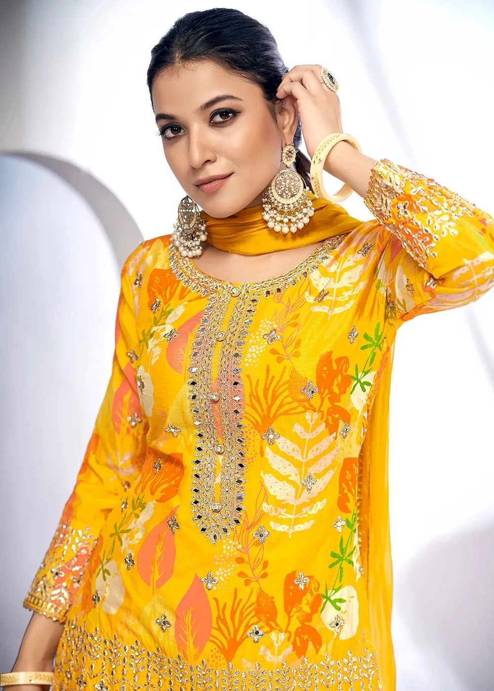Maize Yellow Embroidered & Printed Festive Gharara Suit