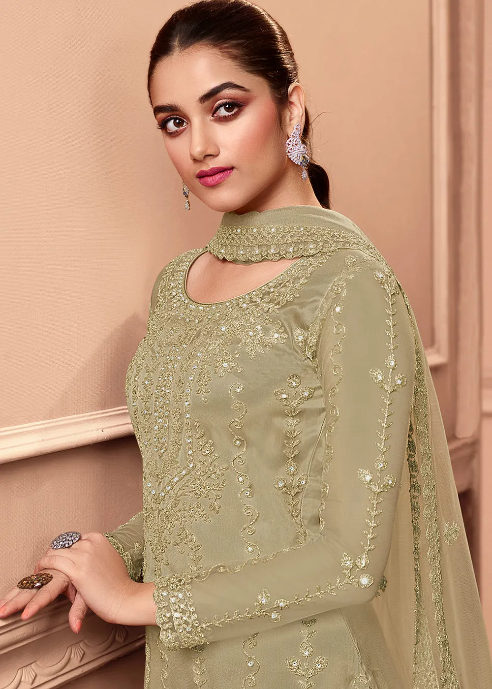 Pant Style Dusty Grey Embroidered Wedding Salwar Suit